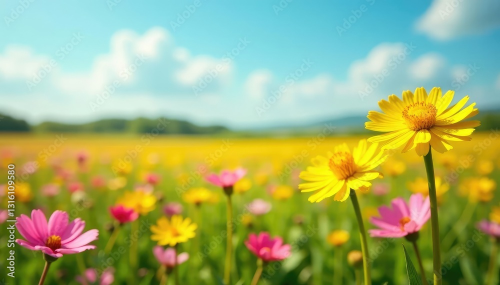 Fototapeta premium A colorful field of yellow and pink wildflowers in full bloom, buttercup, dandelion
