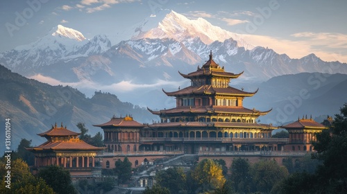 Majestic temple at sunrise, snow-capped mountains.