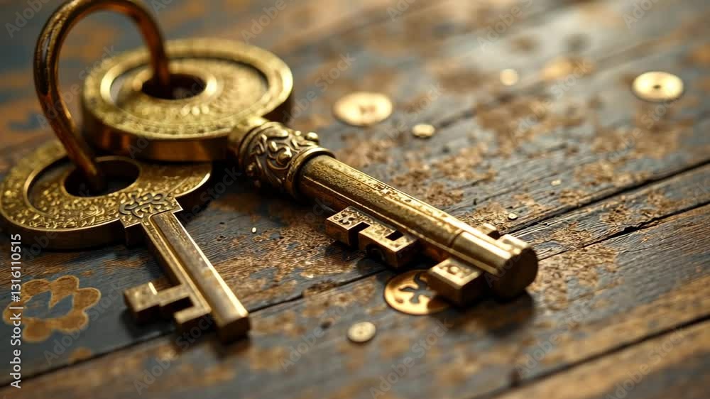 An old rusty metal key lies on a vintage aged wooden background, suggesting security and the potential to unlock a house