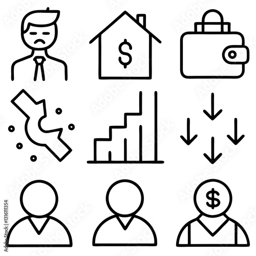 Set of 9 icon lose money, bankruptcy, silhouette collection Vector art illustration. business and finance icons