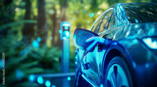Electric vehicle charging with blue energy glow, symbolizing sustainable mobility and clean energy transition.