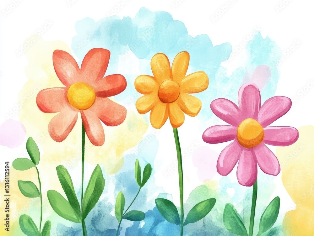 Delicate petals in vibrant colors emerge from gentle green leaves, creating a whimsical representation of spring's beauty in a serene, dreamy landscape Delicate petals in vibrant colors emerge from gentle green leaves, creating a whimsical representation of spring's beauty in a serene, dreamy landscape