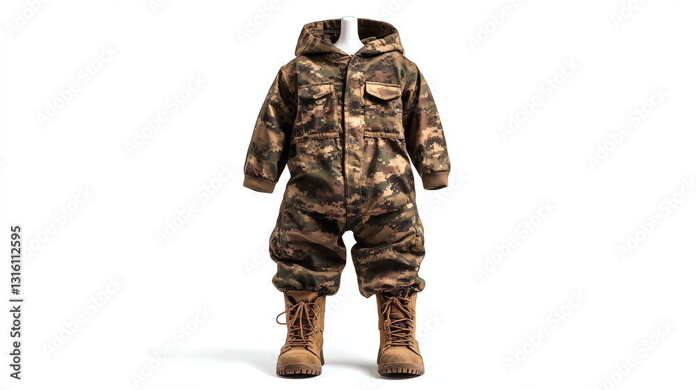 Camouflage baby suit with boots, white isolate background Camouflage baby suit with boots, white isolate background