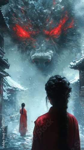 A captivating anime scene features a woman in a flowing red robe, her long hair billowing in the wind as she gazes intently at a towering, menacing monster looming in the shadows.