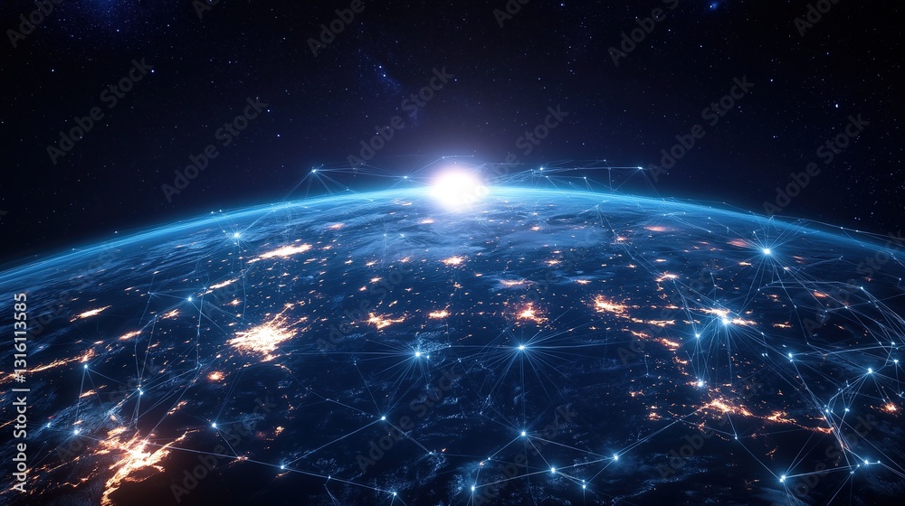 Obraz premium Futuristic Earth-centered network with glowing crypto nodes and IoT connections, symbolizing global digital connectivity.