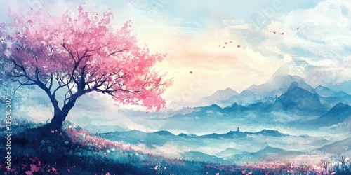 Blooming trees fill the foreground while gentle mountains create a serene backdrop, all enveloped in soft pastel hues, evoking a tranquil spring atmosphere
