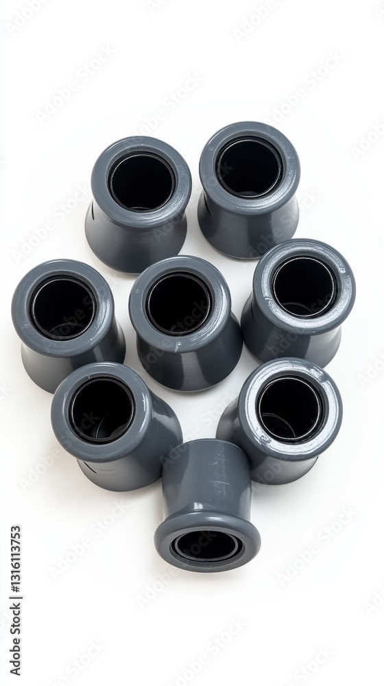 Close up view of eight gray cylindrical objects with a black inner ring, arranged in a loose cluster on a white background. The objects appear to be small mechanical parts or components. Close up view of eight gray cylindrical objects with a black inner ring, arranged in a loose cluster on a white background. The objects appear to be small mechanical parts or components.