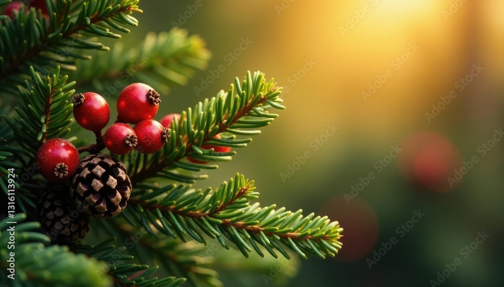 Dense evergreen branch with glittering berries and pinecones against a warm golden background, berries, dense Dense evergreen branch with glittering berries and pinecones against a warm golden background, berries, dense