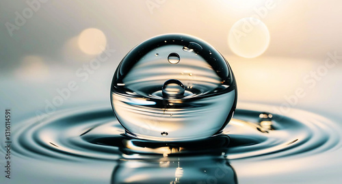 A clear water drop splashes with blue ripples, a macro liquid motion photo