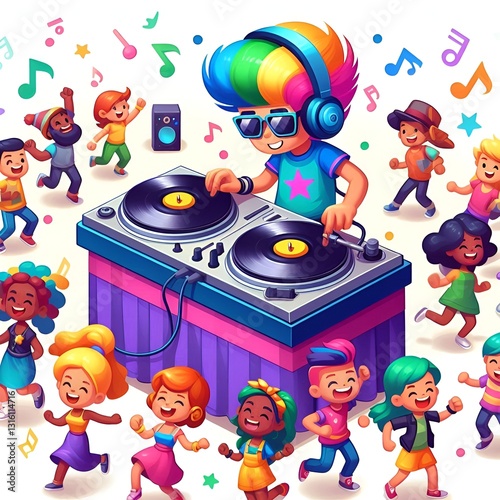 a man with glasses, rainbow hair, playing DJ equipment and surrounded by dancers.