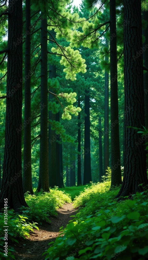 Obraz premium Dense foliage of pine trees forms a lush green wall in the forest background, tree tops, forest floor