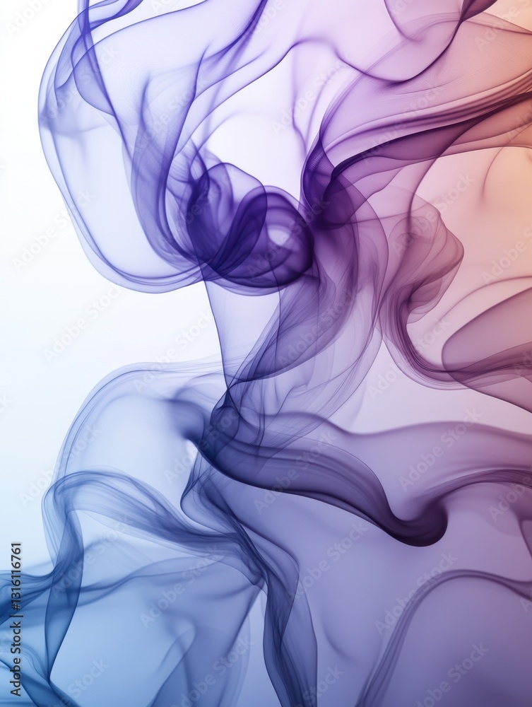Ethereal smoke swirls in a gradient of blue purple and peach creating a mesmerizing abstract design against a soft white backdrop Ethereal smoke swirls in a gradient of blue purple and peach creating a mesmerizing abstract design against a soft white backdrop