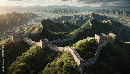Aerial View of the Great Wall of China Winding Through Mountains