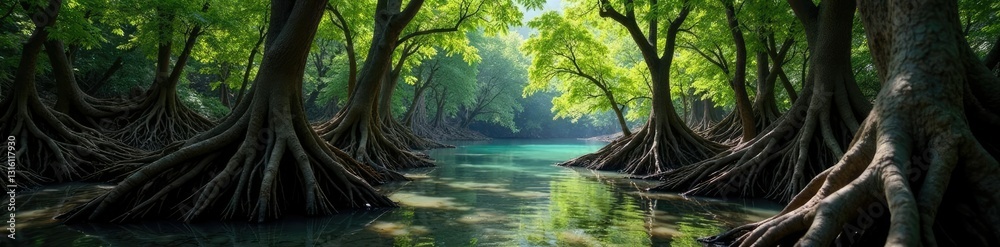 Fototapeta premium Mangrove trees with twisted trunks and gnarled branches, tree trunks,