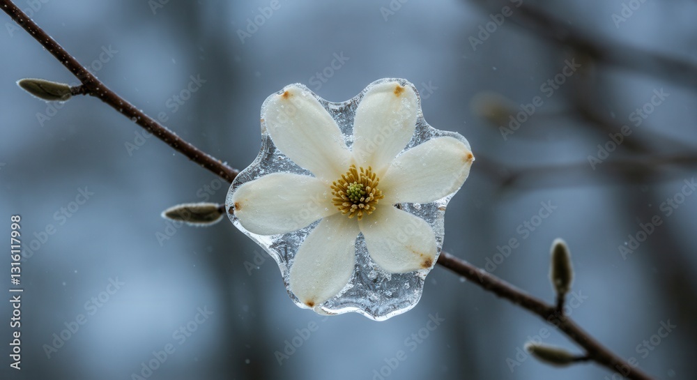 Frozen White Flower on Branch Displays Delicate Beauty of Winter Season Frozen White Flower on Branch Displays Delicate Beauty of Winter Season