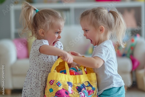 Two little mad angry girls sisters having fight at home. Friends girls can not share a toy. Lifestyle authentic funny family moment of siblings quarrel life. Kids bad