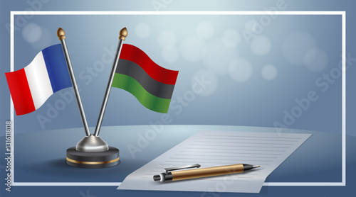 France and African American National flags on small table with bokeh background, cooperative relationship. Template vector Illustration