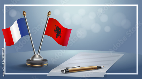 France and Albania National flags on small table with bokeh background, cooperative relationship. Template vector Illustration