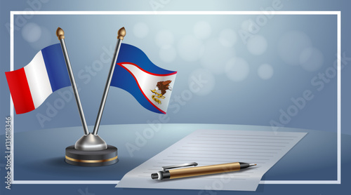 France and American Samoa National flags on small table with bokeh background, cooperative relationship. Template vector Illustration