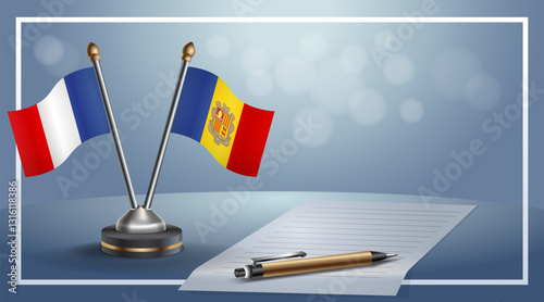 France and Andorra National flags on small table with bokeh background, cooperative relationship. Template vector Illustration