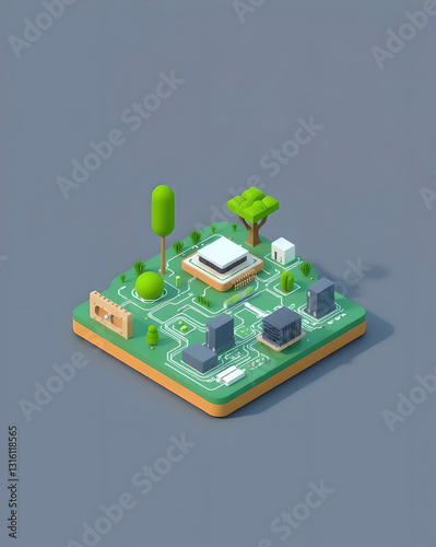 Isometric AI processor landscape with trees. 3D illustration.