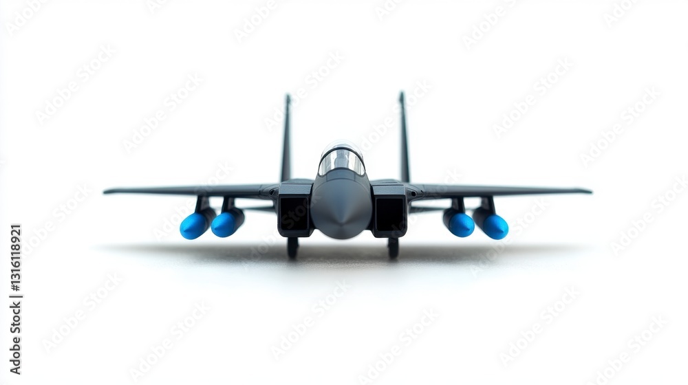 Gray fighter jet model with light blue missiles, front view on white background. Detailed model, sharp focus. Gray fighter jet model with light blue missiles, front view on white background. Detailed model, sharp focus.