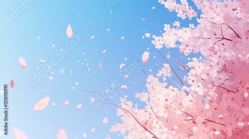 Cherry Blossom Petals Falling Against a Blue Sky Background