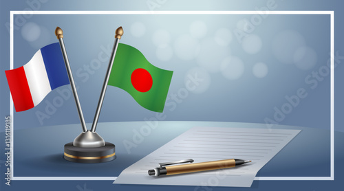 France and Bangladesh National flags on small table with bokeh background, cooperative relationship. Template vector Illustration