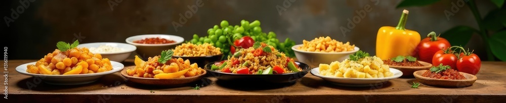 Mesa de banquete con diferentes tipos de comida, banquete, panes, salsas Mesa de banquete con diferentes tipos de comida, banquete, panes, salsas
