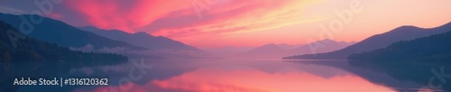 A wispy cloud of pink and orange smoke floats above a serene lake, misty mountains, sunrise sky, dusk atmosphere