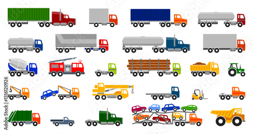 various simple truck color silhouette large icon symbol set side view vector on transparent background