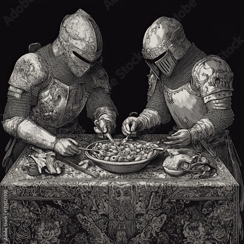 Medieval knights in armor enjoy a sizable salad, fusing historical and modern aspects of food culture in a black and white raster illustration, generated using AI and scratch board methods, resulting