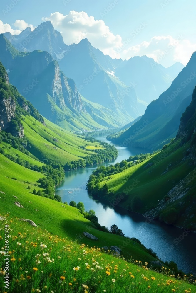 Rolling hills of emerald green with towering mountains in the distance, mountains, scenery, river Rolling hills of emerald green with towering mountains in the distance, mountains, scenery, river