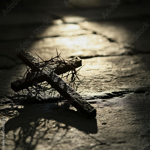 Good friday blessings, Wooden cross on a textured surface, dramatic lighting casting shadows, symbolizes faith, reflection, and spirituality.