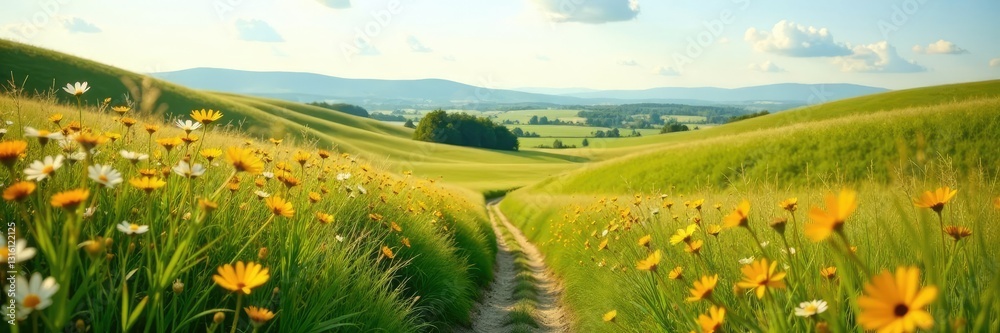 Rolling hills with wildflowers swaying in the wind, field, landscape, nature Rolling hills with wildflowers swaying in the wind, field, landscape, nature