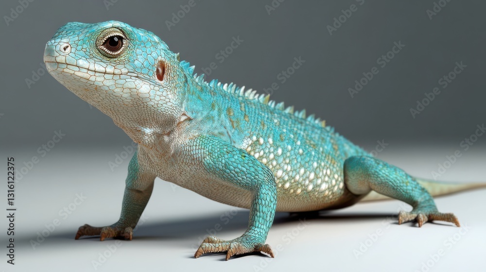 Obraz premium A vibrant turquoise lizard poses confidently against a minimalist backdrop, highlighting its striking scales and alert posture.