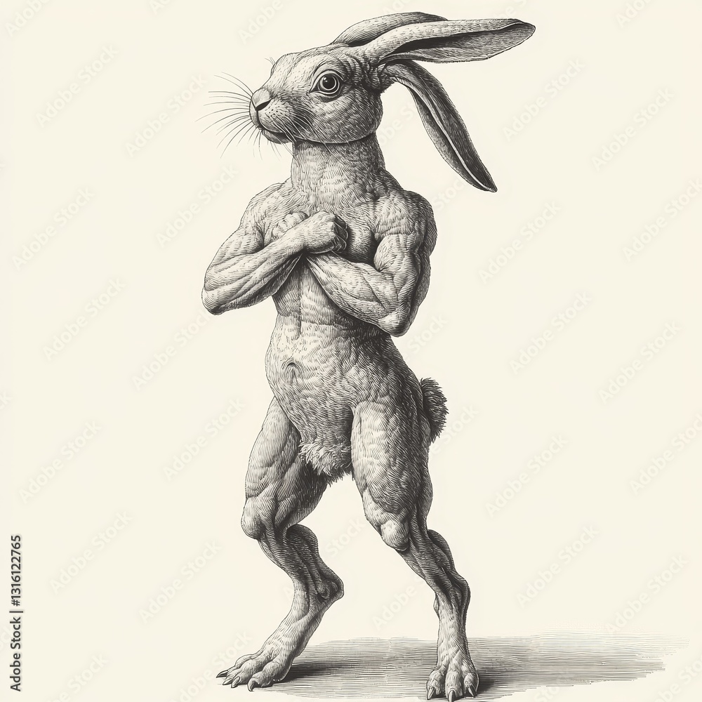 A black and white woodcut style sketch of a joyful dancing Easter bunny, created with generative AI, resembles an engraved scratch board raster image