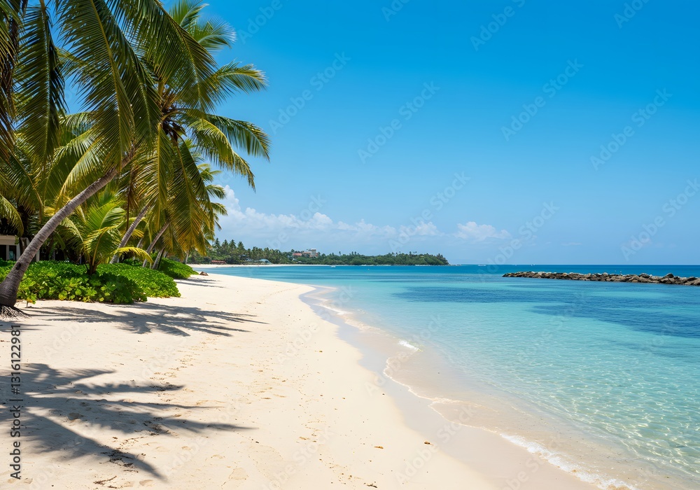 Obraz premium Tropical Beach Scene with Palm Trees, White Sand, and Clear Ocean Water