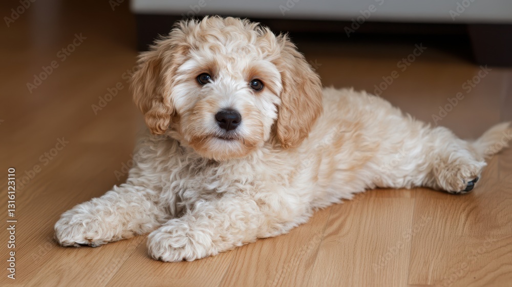 A fluffy puppy lies comfortably on a wooden floor, exuding warmth and friendliness with its gentle gaze and curly fur. A fluffy puppy lies comfortably on a wooden floor, exuding warmth and friendliness with its gentle gaze and curly fur.