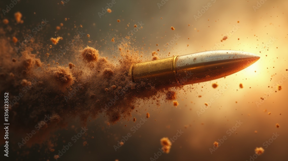 Naklejka premium Dynamic Representation of a Bullet in Motion with Explosive Background and Dust Particles