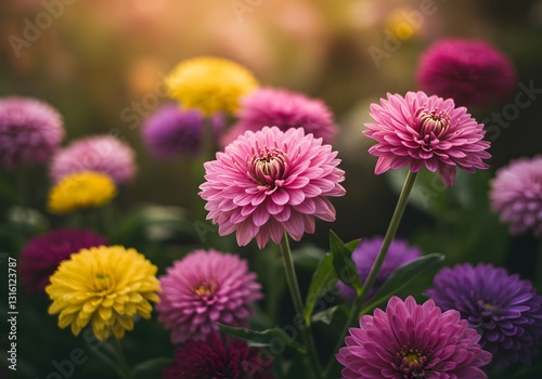 Colorful Garden of Dahlias Close-up View with Pink, Purple, Yellow Flowers
