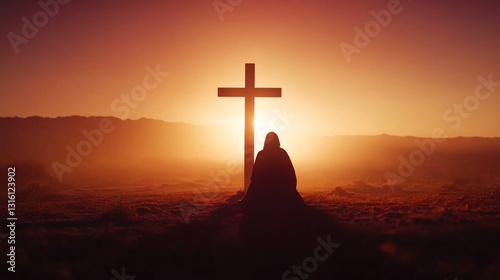 Good friday blessings, Silhouette of person praying at sunset, serene atmosphere, dramatic cross backdrop, spirituality theme, contemplative moment.