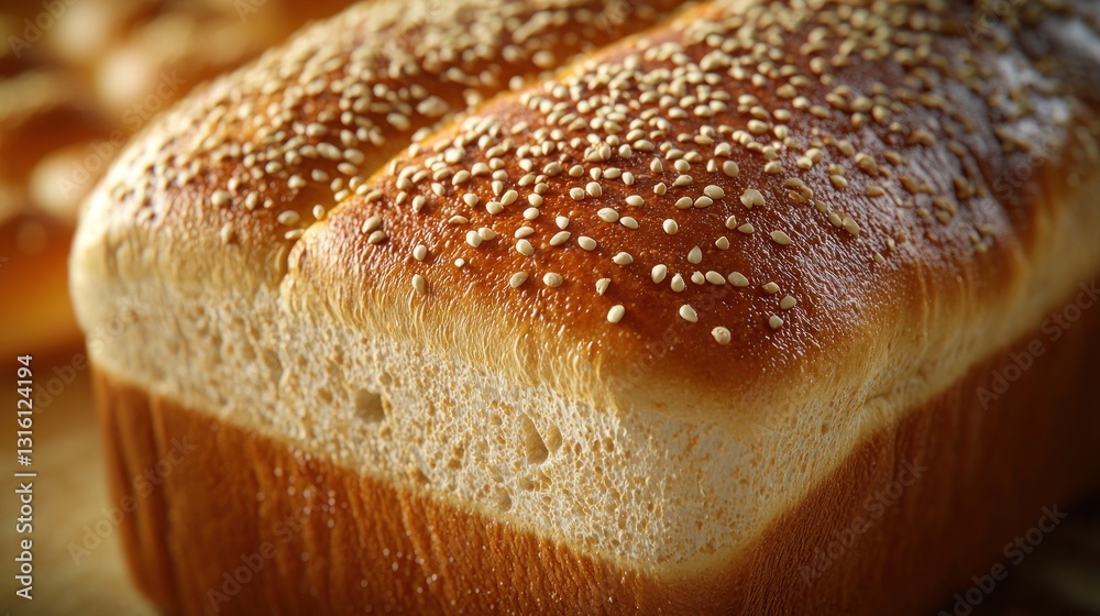 Crusty golden loaf of sesame bread.