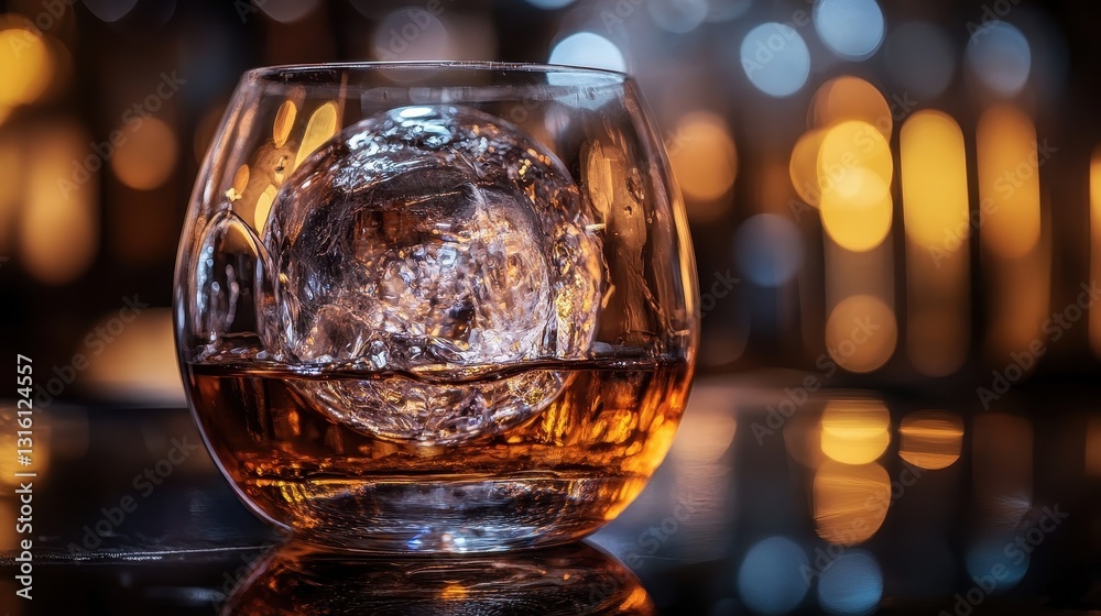 Elegant Glass of Whiskey with Ice Sphere on a Bar Counter Elegant Glass of Whiskey with Ice Sphere on a Bar Counter