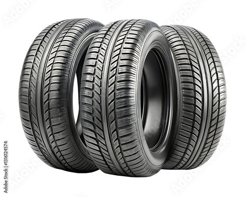 Three Car Tires with Tread Pattern - Isolated on White Background, Transparent PNG, AI Generated