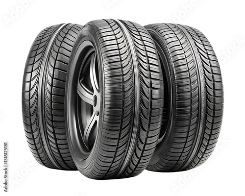 Three Car Tires with Tread Pattern - Isolated on White Background, Transparent PNG, AI Generated