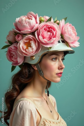 Vintage helmet with large peonies in soft pastel hues, helmet, arrangement