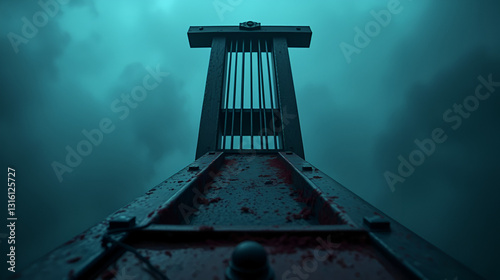 Horror view of Guillotine. Close-up of a guillotine on a dark foggy background.