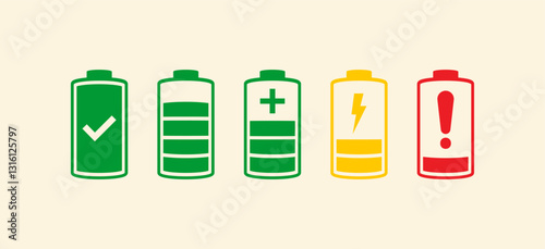Battery fast charging features and issues icon set in black and colorful style. Battery symbols with fast charging, exclamation, low, plus, minus, tick and full charge signs. 