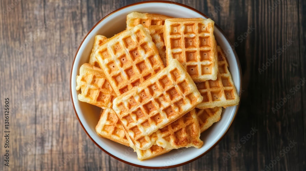 Delicious Crispy Waffles Stacked in a Bowl on Wooden Table Delicious Crispy Waffles Stacked in a Bowl on Wooden Table